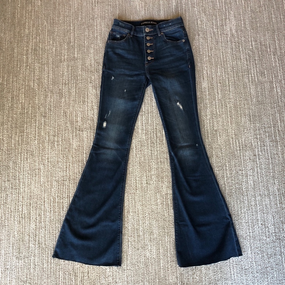 Express Women's Flare Jeans in Dark Blue button fly 70s retro